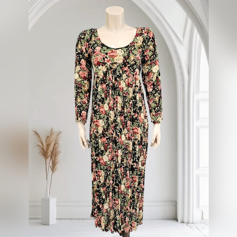 ULTIMATE! Vtg 90s Floral Cottage Grunge Tie Back Pleated Long Dress S